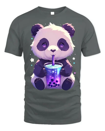 Cute Panda Boba Tea T-Shirt for Bubble Tea Lovers - gray t-shirt on white background