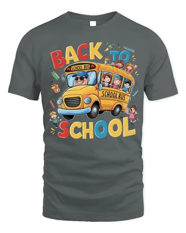Back to School T-Shirt with Fun Yellow School Bus Print - gray t-shirt on white background