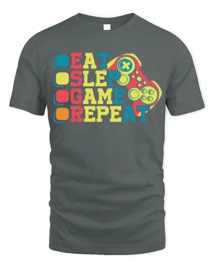 Eat Sleep Game Repeat T-Shirt for Video Game Lovers - gray t-shirt on white background