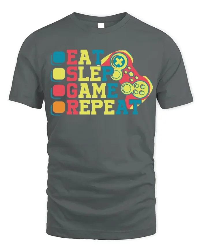 Eat Sleep Game Repeat T-Shirt for Video Game Lovers - gray t-shirt on white background