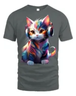 Colorful DJ Cat Headphones Graphic T-Shirt - gray t-shirt on white background