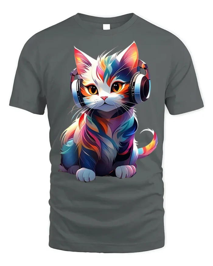 Colorful DJ Cat Headphones Graphic T-Shirt - gray t-shirt on white background