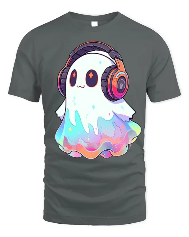 Kawaii DJ Ghost Headphones Halloween T-Shirt - gray t-shirt on white background