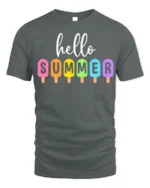 Hello Summer Colorful Popsicle Graphic T-Shirt - gray t-shirt on white background