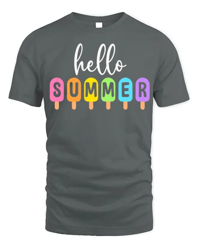 Hello Summer Colorful Popsicle Graphic T-Shirt - gray t-shirt on white background