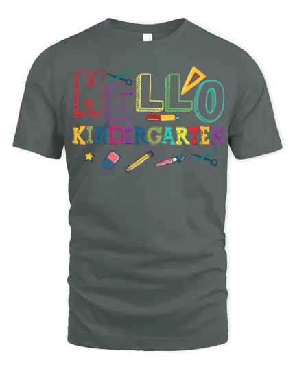 Hello Kindergarten Rainbow School Supplies T-Shirt - gray t-shirt on white background