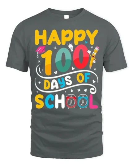 Happy 100 Days of School Fun Kids Celebration T-Shirt - gray t-shirt on white background