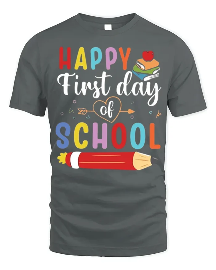 Happy First Day of School Colorful Kids T-Shirt - gray t-shirt on white background