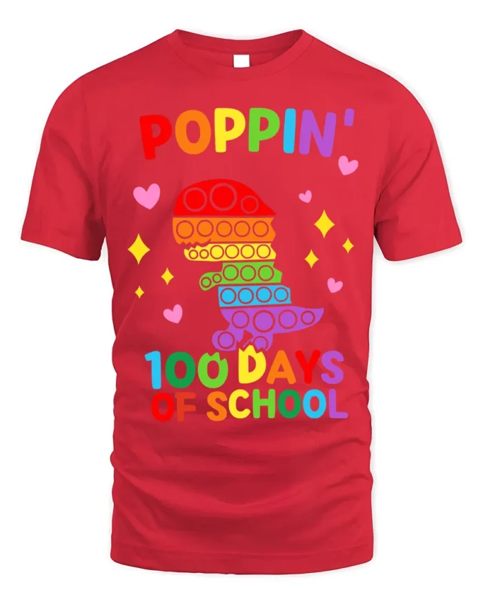 Colorful Dino Pop It 100 Days School T-Shirt - red t-shirt on white background