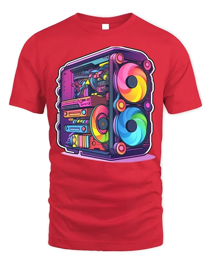 RGB Gaming PC T-Shirt for Tech Geeks and Gamers - red t-shirt on white background