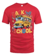 Back to School T-Shirt with Fun Yellow School Bus Print - red t-shirt on white background