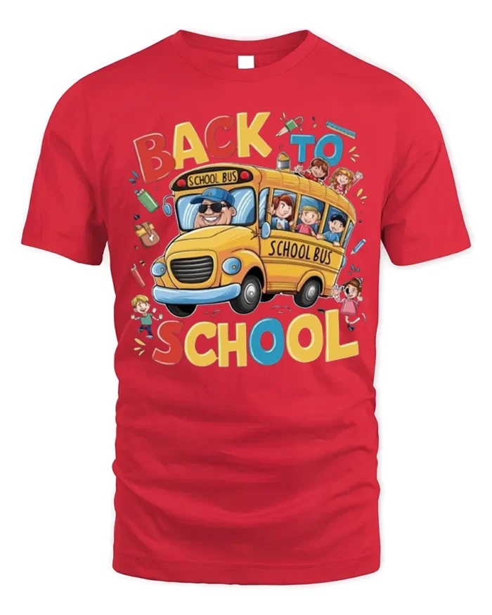 Back to School T-Shirt with Fun Yellow School Bus Print - red t-shirt on white background