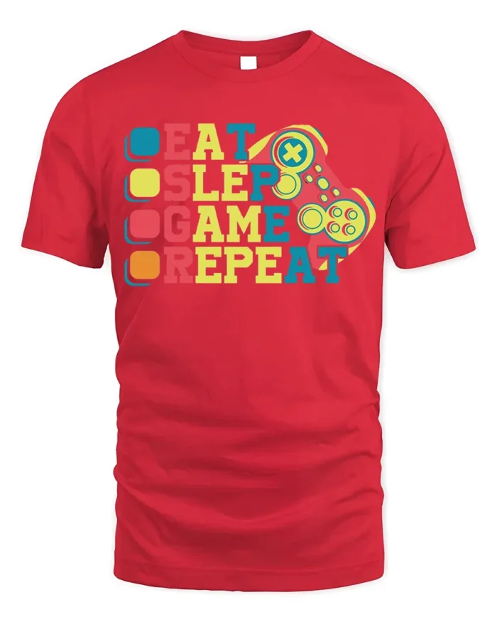 Eat Sleep Game Repeat T-Shirt for Video Game Lovers - red t-shirt on white background