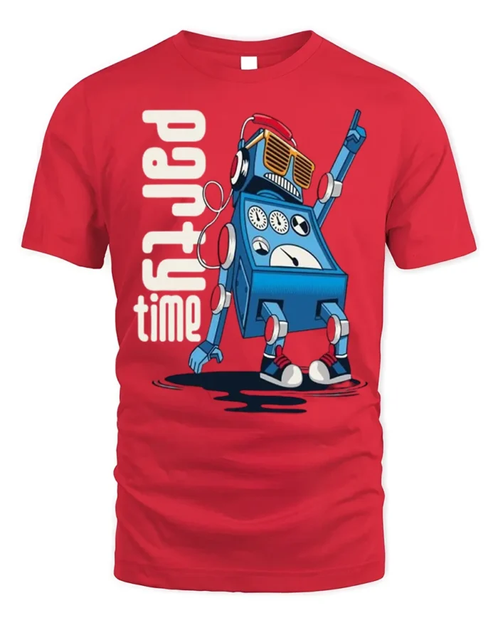 Party Time Robot T-Shirt for Fun Dance Tech Fans - red t-shirt on white background