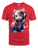 Colorful DJ Cat Headphones Graphic T-Shirt - red t-shirt on white background