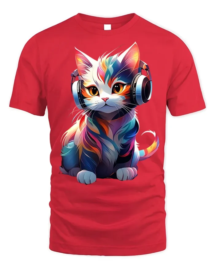 Colorful DJ Cat Headphones Graphic T-Shirt - red t-shirt on white background