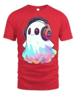 Kawaii DJ Ghost Headphones Halloween T-Shirt - red t-shirt on white background