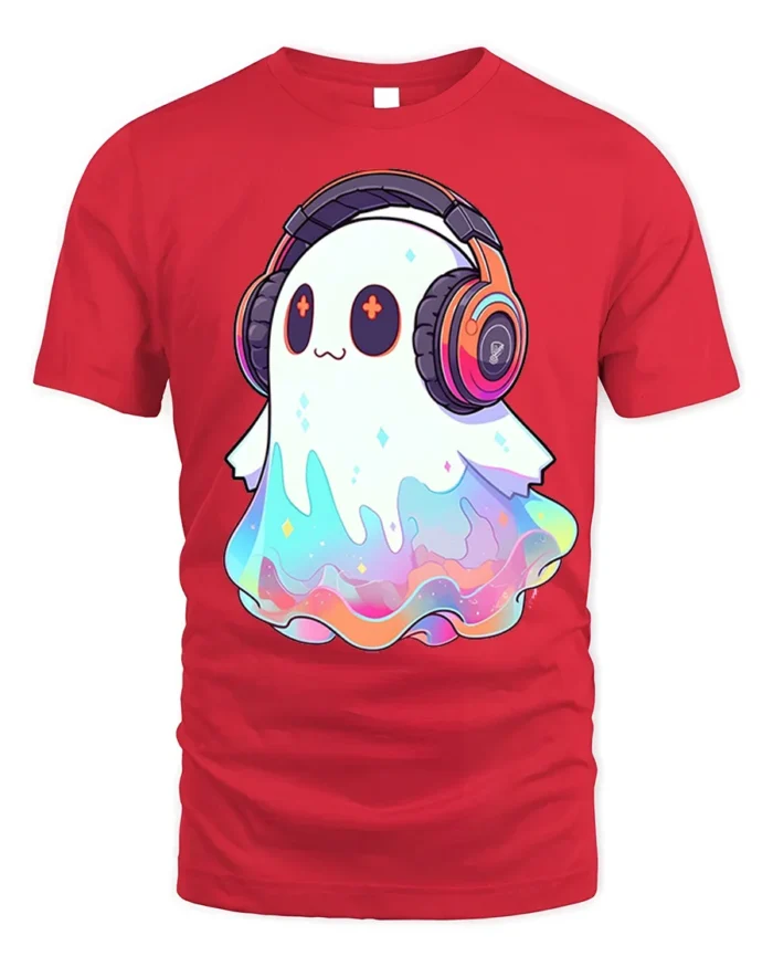 Kawaii DJ Ghost Headphones Halloween T-Shirt - red t-shirt on white background