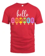 Hello Summer Colorful Popsicle Graphic T-Shirt - red t-shirt on white background