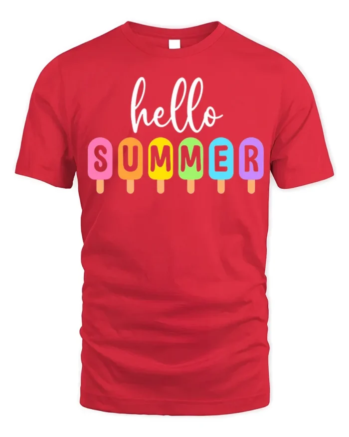 Hello Summer Colorful Popsicle Graphic T-Shirt - red t-shirt on white background