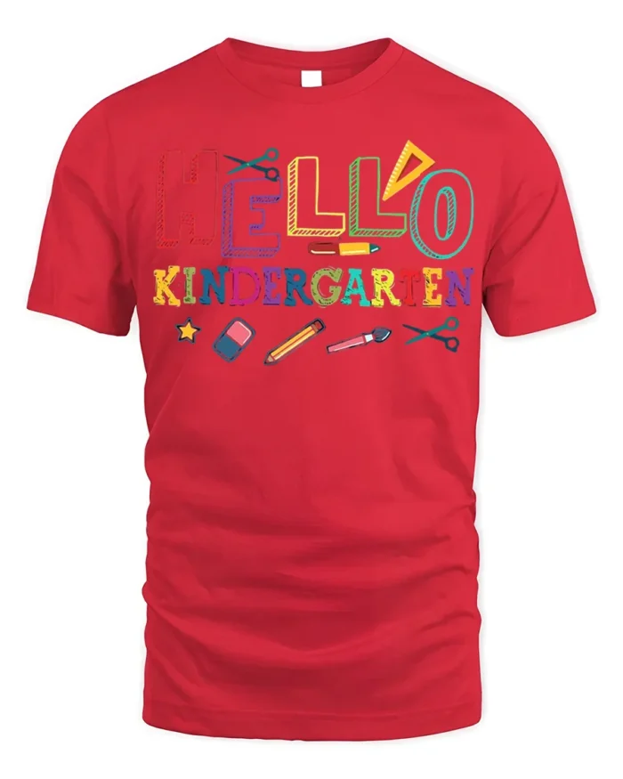 Hello Kindergarten Rainbow School Supplies T-Shirt - red t-shirt on white background