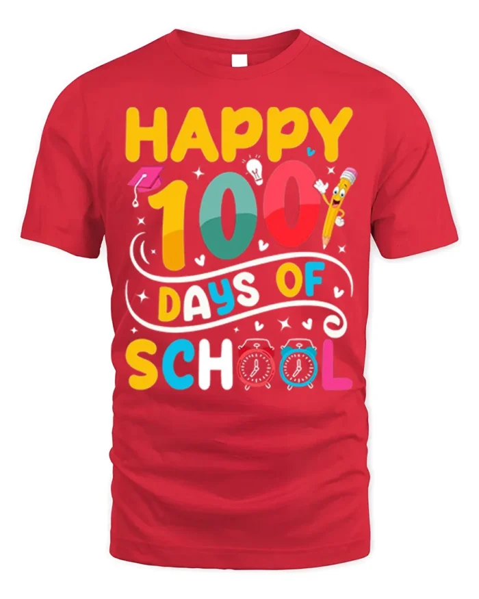 Happy 100 Days of School Fun Kids Celebration T-Shirt - red t-shirt on white background