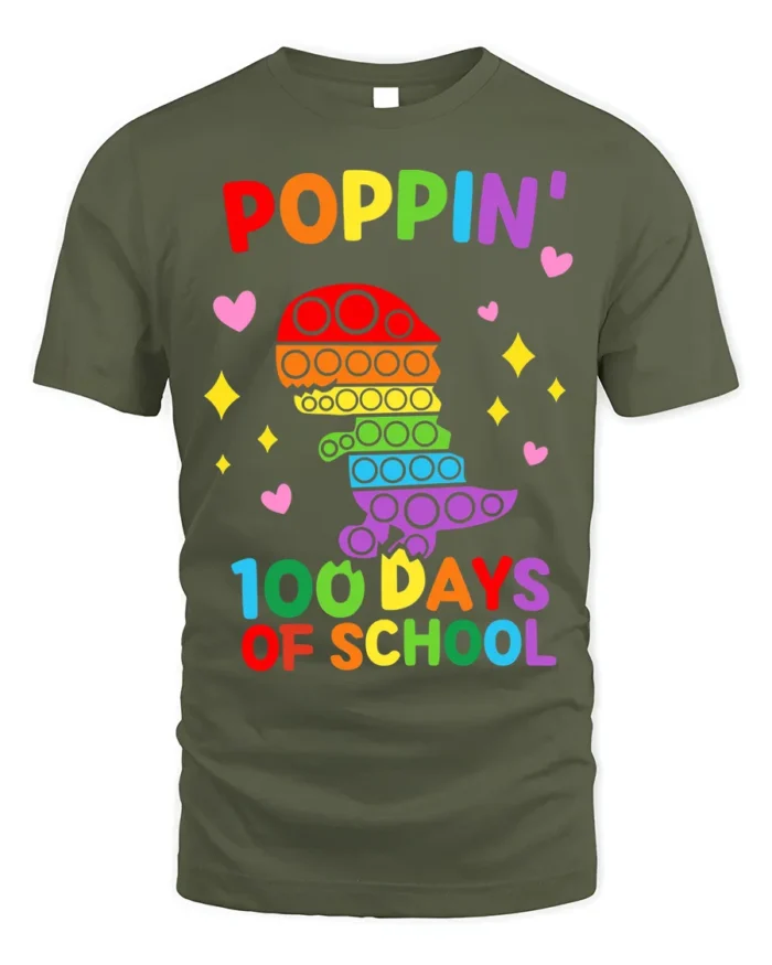 Colorful Dino Pop It 100 Days School T-Shirt - military green t-shirt on white background