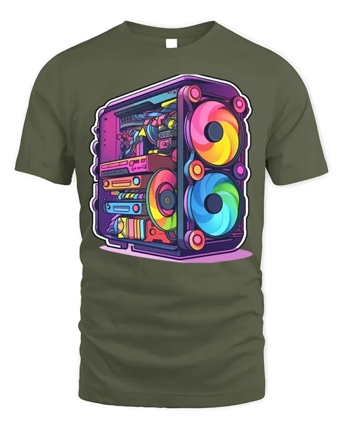RGB Gaming PC T-Shirt for Tech Geeks and Gamers - military green t-shirt on white background