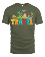 Colorful Travel Adventure T-Shirt for Vacation Lovers - military green t-shirt on white background