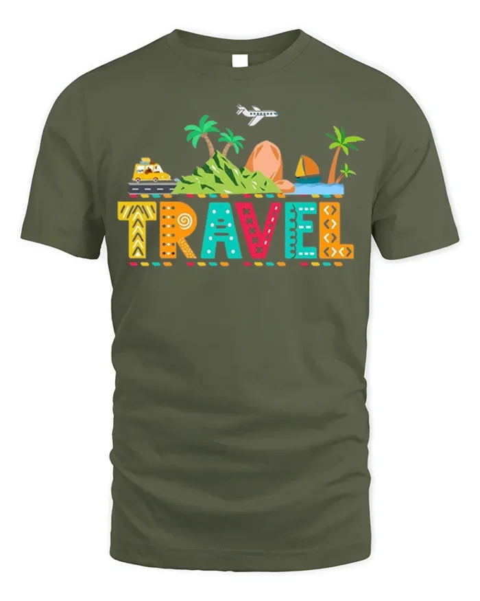 Colorful Travel Adventure T-Shirt for Vacation Lovers - military green t-shirt on white background