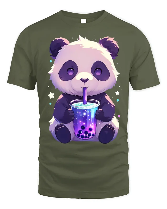 Cute Panda Boba Tea T-Shirt for Bubble Tea Lovers - military green t-shirt on white background