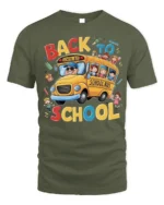 Back to School T-Shirt with Fun Yellow School Bus Print - military green t-shirt on white background