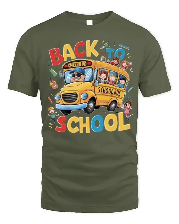 Back to School T-Shirt with Fun Yellow School Bus Print - military green t-shirt on white background