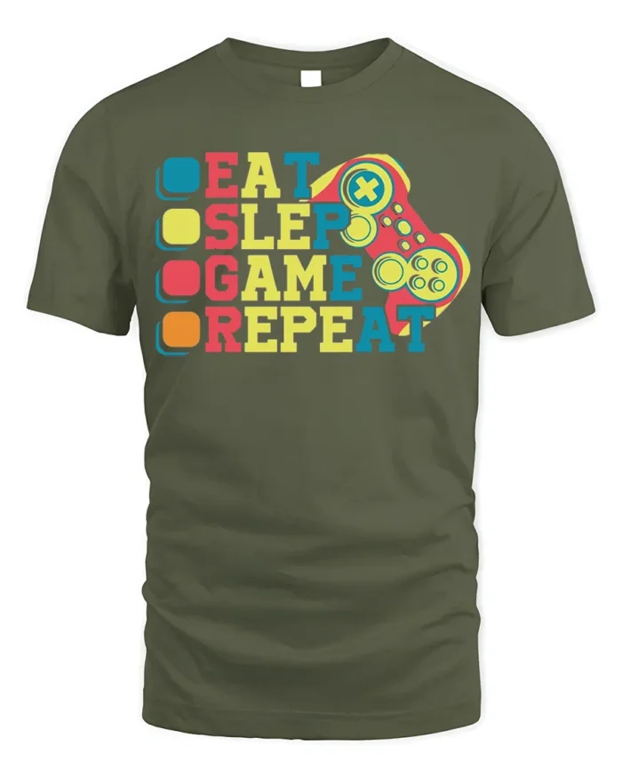 Eat Sleep Game Repeat T-Shirt for Video Game Lovers - military green t-shirt on white background