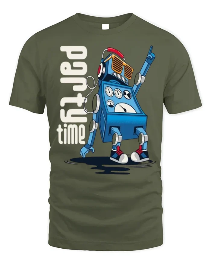 Party Time Robot T-Shirt for Fun Dance Tech Fans - military green t-shirt on white background