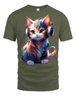 Colorful DJ Cat Headphones Graphic T-Shirt - military green t-shirt on white background