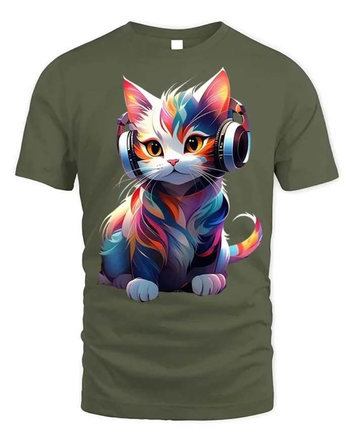 Colorful DJ Cat Headphones Graphic T-Shirt - military green t-shirt on white background