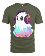 Kawaii DJ Ghost Headphones Halloween T-Shirt - military green t-shirt on white background