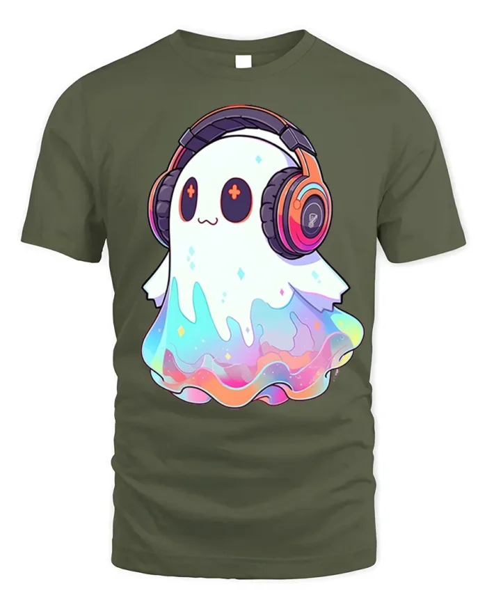 Kawaii DJ Ghost Headphones Halloween T-Shirt - military green t-shirt on white background