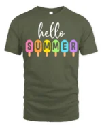Hello Summer Colorful Popsicle Graphic T-Shirt - military green t-shirt on white background