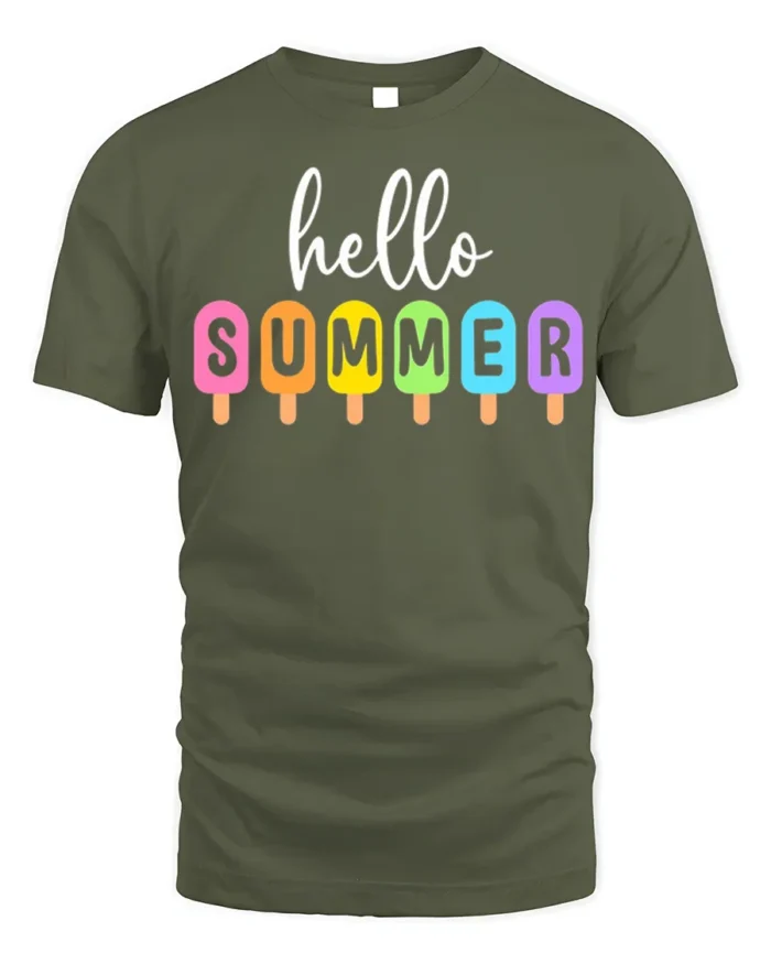 Hello Summer Colorful Popsicle Graphic T-Shirt - military green t-shirt on white background
