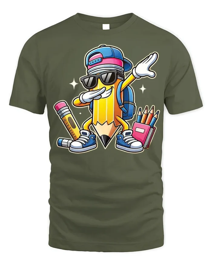 Cool Dabbing Pencil Back to School T-Shirt Kids - military green t-shirt on white background