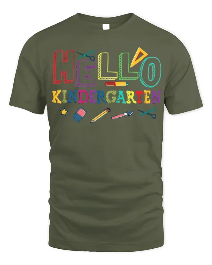 Hello Kindergarten Rainbow School Supplies T-Shirt - military green t-shirt on white background