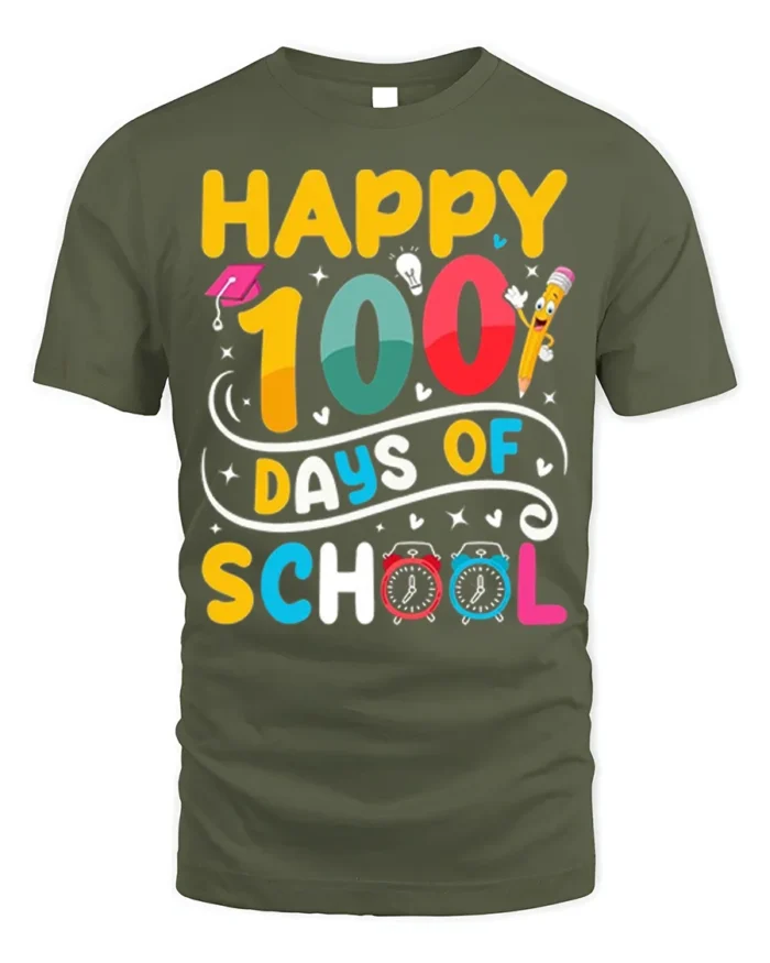 Happy 100 Days of School Fun Kids Celebration T-Shirt - military green t-shirt on white background
