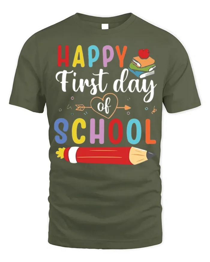 Happy First Day of School Colorful Kids T-Shirt - military green t-shirt on white background