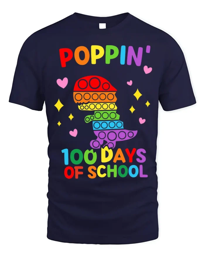 Colorful Dino Pop It 100 Days School T-Shirt - navy t-shirt on white background