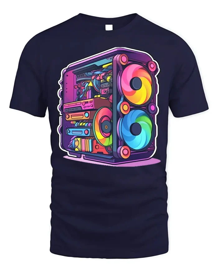 RGB Gaming PC T-Shirt for Tech Geeks and Gamers - navy t-shirt on white background