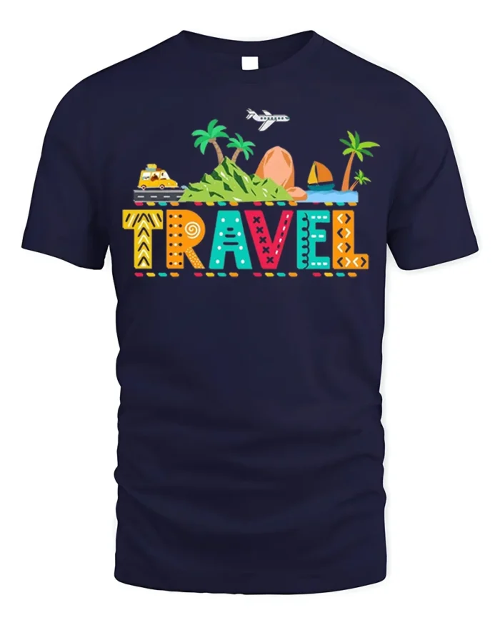 Colorful Travel Adventure T-Shirt for Vacation Lovers - navy t-shirt on white background
