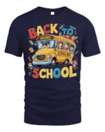 Back to School T-Shirt with Fun Yellow School Bus Print - navy t-shirt on white background