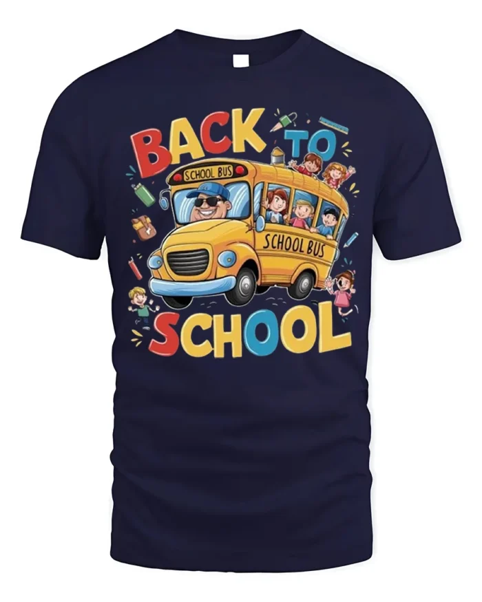 Back to School T-Shirt with Fun Yellow School Bus Print - navy t-shirt on white background